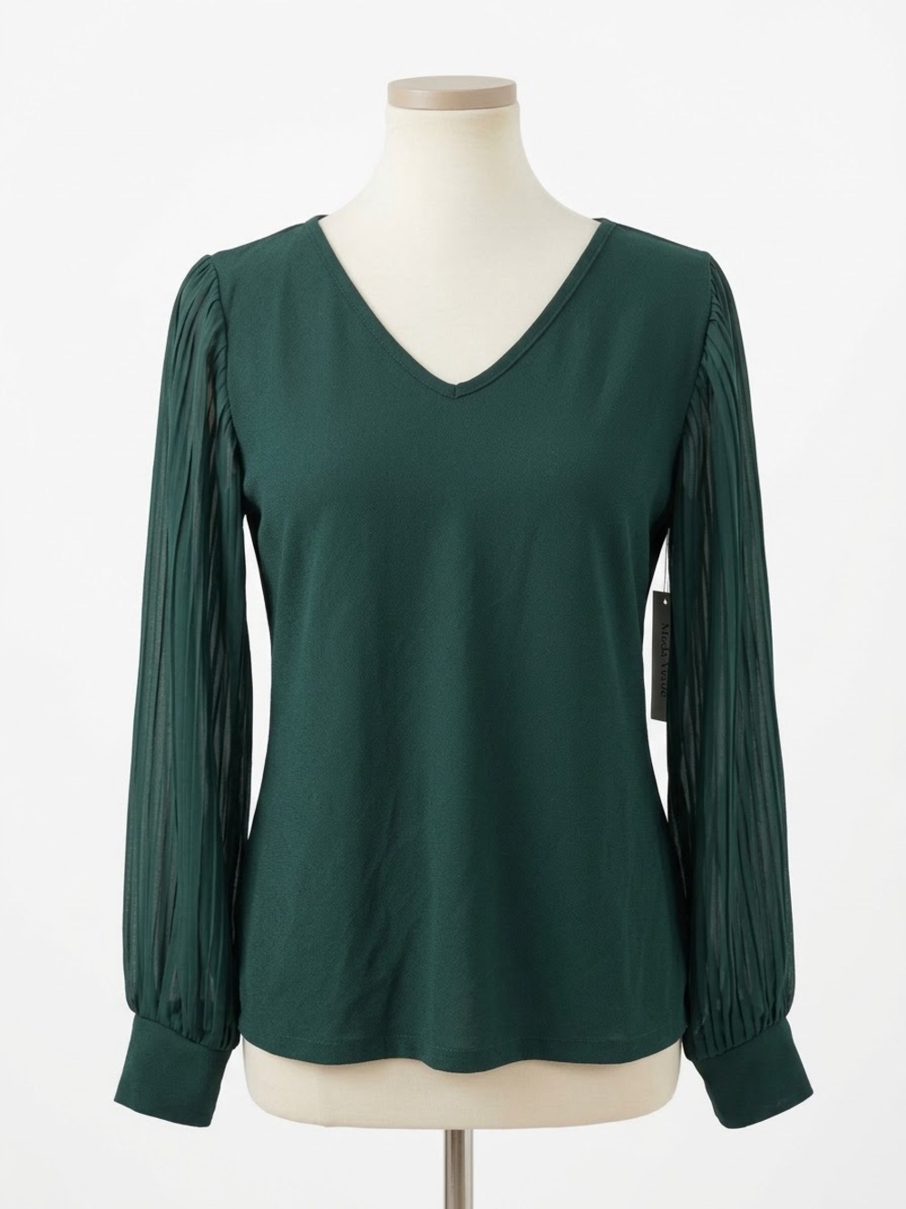 V-Neck Long Sleeve Pleated-Sleeve Top in Forest Green